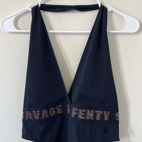 Savage X Fenty Rose Gold Logo Halter Plunge Bodysuit Black Caviar Size M - Picture 3 of 11